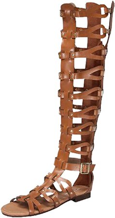 Amazon.com | Forvever Atta 17 Womens Knee High Caged Gladiator Strappy Flat Sandals Tan 7.5 | Sandals