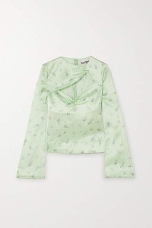 Cutout Ruched Floral-print Stretch-silk Satin Top - Light green
