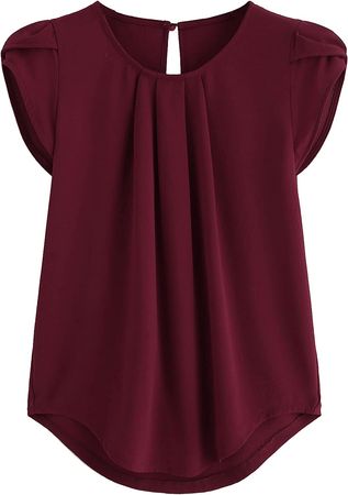 Milumia Women's Casual Round Neck Basic Pleated Top Cap Sleeve Curved Keyhole Back Blouse at Amazon Women’s Clothing store
