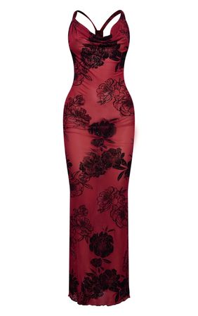 Burgundy Floral Flocked Glitter Knot Maxi Dress | PrettyLittleThing USA