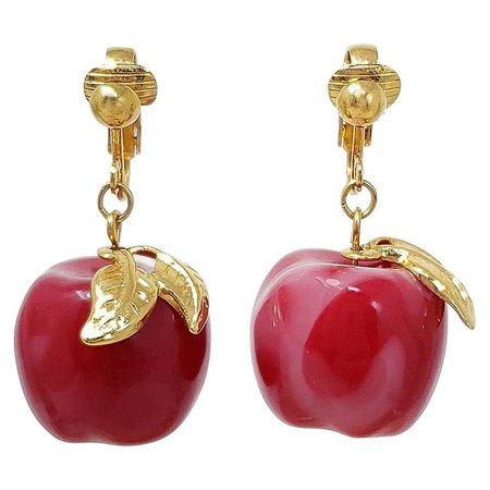 Candy Apple Red Bakelite Dangle Earrings, Gold Clip On, Mid 1900s For Sale at 1stDibs | apple earring