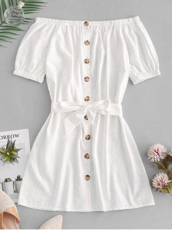 Zaful Button Up Off Shoulder Mini Dress In WHITE | ZAFUL