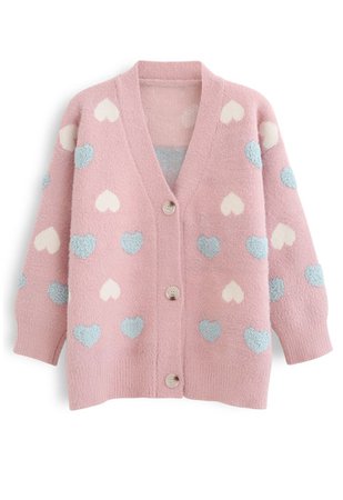 Button Down Heart Fuzzy Knit Cardigan in Pink - Retro, Indie and Unique Fashion