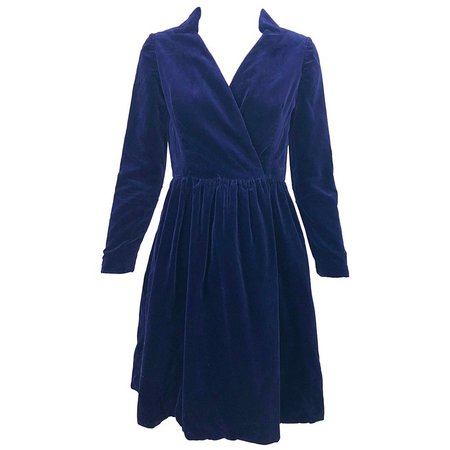 1950s Adele Simpson Navy Midnight Blue Velvet Vintage 50s Wrap Shirt Dress For Sale at 1stdibs