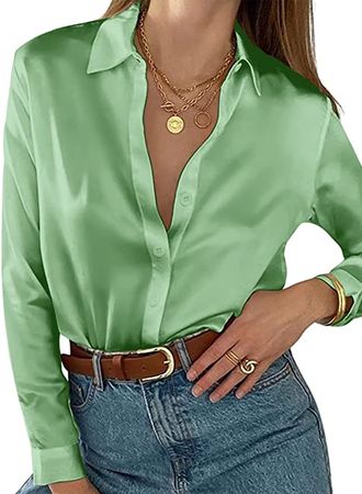 Silk Button Down Shirts for Women Professional Green Satin Blouse Elegant Long Sleeve Silk Plus Blouse top at Amazon Women’s Clothing store