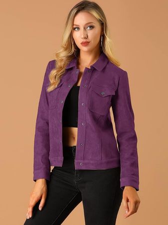 Amazon.com: Allegra K Women's Turn-Down Collar Flap Pockets Snap Button Faux Suede Jacket : Clothing, Shoes & Jewelry