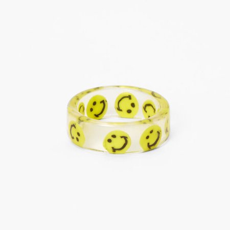 Clear Yellow Happy Face Print Resin Ring | Claire's US
