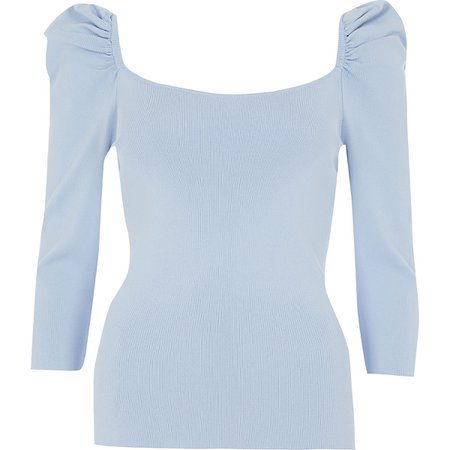 Light blue puff sleeve square neck top | River Island