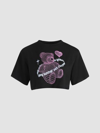Bear Print Black Crop T-Shirt – LookSKY