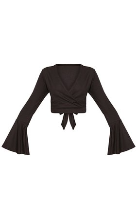 Black Wrap Flare Sleeve Tie Crop Top | Tops | PrettyLittleThing