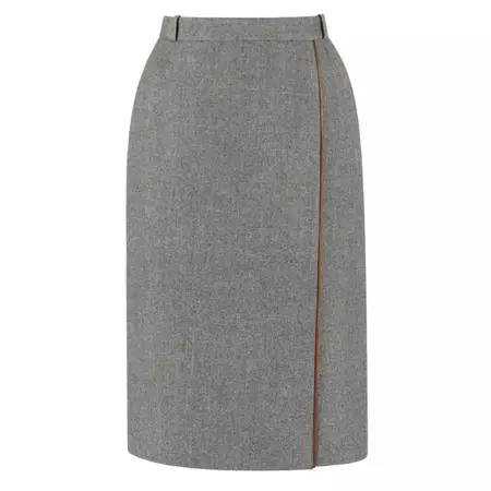 GUCCI c.1970's Gray Wool Classic Wrap Skirt Brown Leather Piping Trim For Sale at 1stDibs