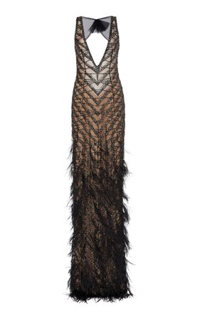 Naeem Khan. feather-Trim Sequined Gown | Moda Operandi