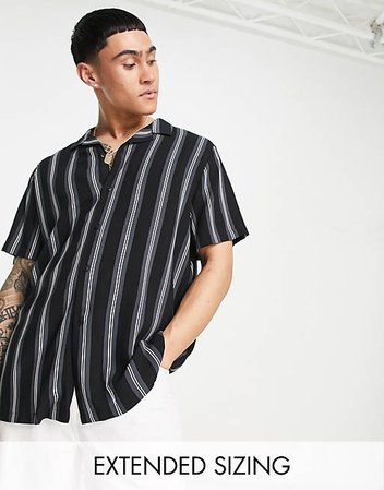 ASOS DESIGN relaxed revere shirt in black retro stripe | ASOS