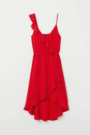 Flounced Wrap Dress - Red