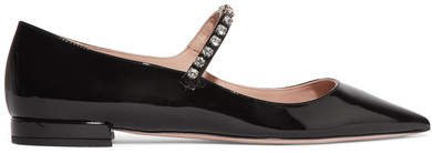 Crystal-embellished Patent-leather Point-toe Flats - Black