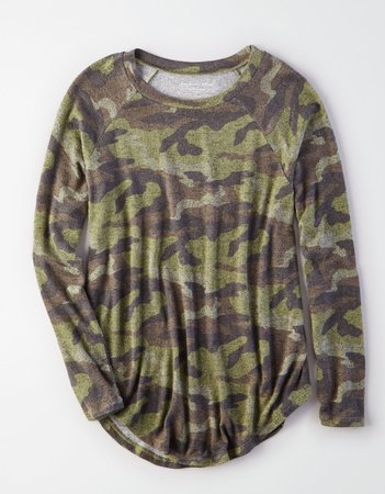 AE Soft & Sexy Plush Classic Crew Neck, Camo Green | American Eagle Outfitters