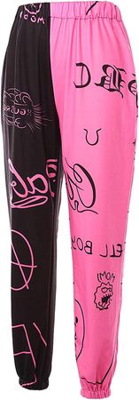 LOPJGH Women's Graffiti Loose Casual Pants Trendy Printed Elastic Waist Ankle-Tied Street Jogger Pants Sweatpants (Black Rose Red, M) at Amazon Women’s Clothing store