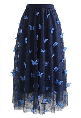 Double-Layered 3D Butterfly Lace Mesh Skirt in Navy - Retro, Indie and Unique Fashion