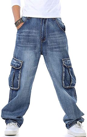 Yeokou Men's Casual Loose Hip Hop Denim Work Pants Jeans with Cargo Pockets (30, Light Blue) at Amazon Men’s Clothing store