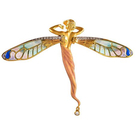 Masriera Diamond and Enamel Gold Nymph Motif Pin Pendant For Sale at 1stdibs