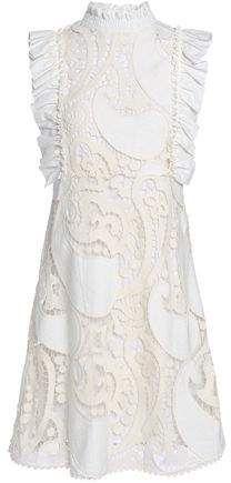 Ruffled Twill-trimmed Cotton-blend Guipure Lace Mini Dress