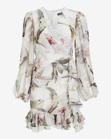 Floral Print Long Sleeve Ruched Mini Dress | Express