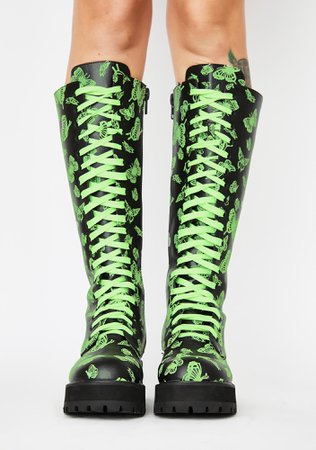 Club Exx Glow In The Dark Butterfly Knee High Combat Boots Neon Green Black | Dolls Kill