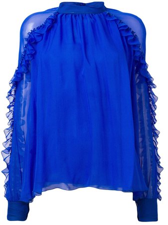 Emilio Pucci Blue High Neck Silk Ruffled Blouse $1,570 - Buy Online AW19 - Quick Shipping, Price