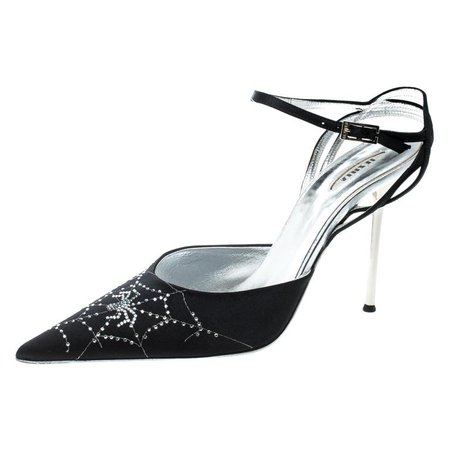 Le Silla Black Satin Crystal Embellished Spider Pointed Toe Sandals Size 39 For Sale at 1stdibs