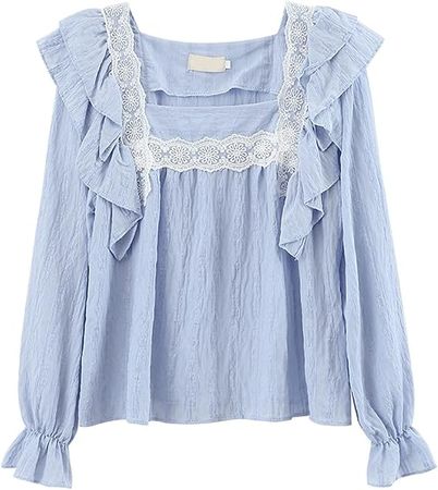 Amazon.com: LSDJGDDE Square-Neck Shirt Women's Spring Sense of Small Age-reducing Tops Lotus Leaf Bell-Sleeved Chiffon Shirts (Color : Blue, Size : S Code) : Clothing, Shoes & Jewelry