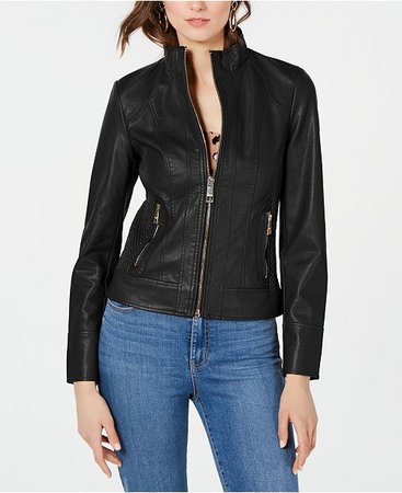 GUESS Front Zip Faux-Leather Jacket & Reviews - Coats - Women - Macy's