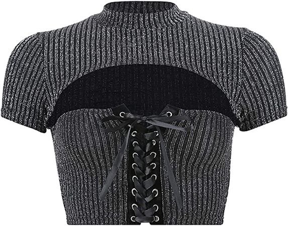 Amazon.com: SansoiSan Women Glitter Crop Top Bandage Elegant Hollow Out T-Shirts Party Hot Tank Tops Medium Black : Clothing, Shoes & Jewelry