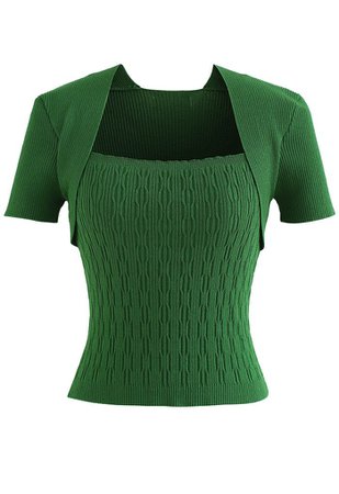 Square Neck Contrast Ribbed Knit Top in Green - Retro, Indie and Unique Fashion