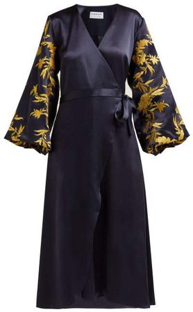 Embroidered Satin Wrap Dress - Womens - Navy Gold