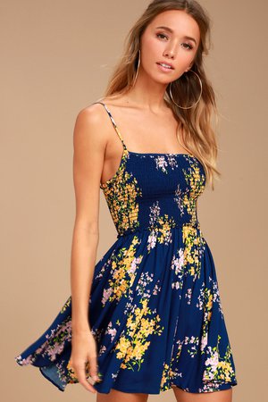 Cute Navy Blue Dress - Floral Print Dress - Skater Dress