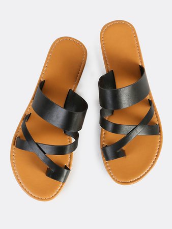 Faux Leather Toe Ring Sandals BLACK
