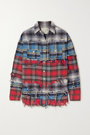 Pieced Distressed Checked Cotton-flannel Shirt - Blue