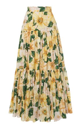 Dolce & Gabbana Camellia-Print Cotton Tiered Maxi Skirt