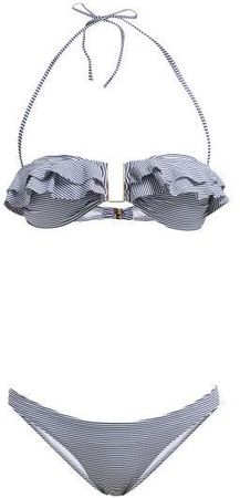 Kitts Striped Ruffle Trim Bandeau Bikini - Womens - Navy Print
