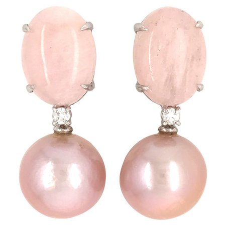 Morganite with Cultured Pearls and Diamonds on White Gold Chandelier Earrings