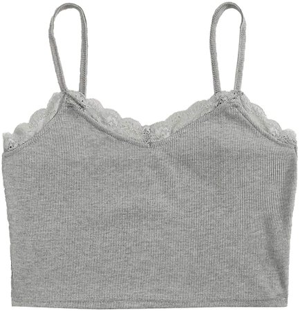 SheIn Women's Solid Contrast Lace Sleeveless Ribbed Knit Cami Crop Top Grey Small at Amazon Women’s Clothing store
