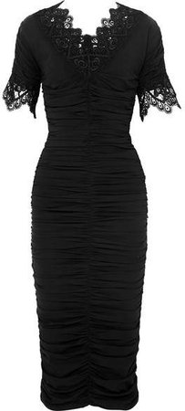 Crocheted Lace-trimmed Ruched Silk-blend Georgette Dress - Black
