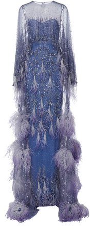Sequined And Feather Cape-Overlay Gown