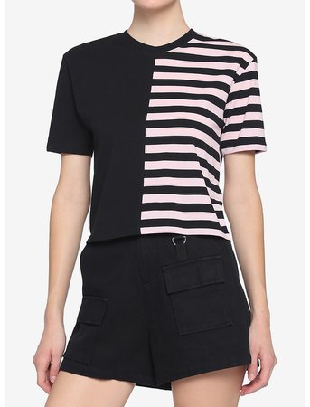 Black & Pink Stripe Split Girls Crop T-Shirt