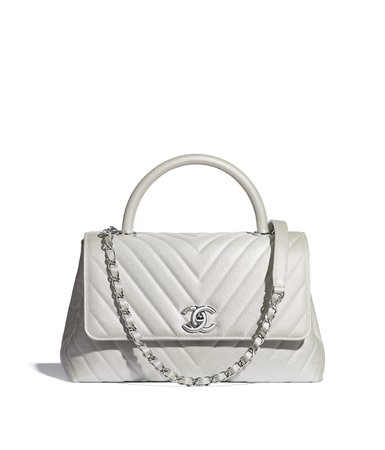 Flap Bag With Top Handle, iridescent grained calfskin & silver-tone metal, white - CHANEL