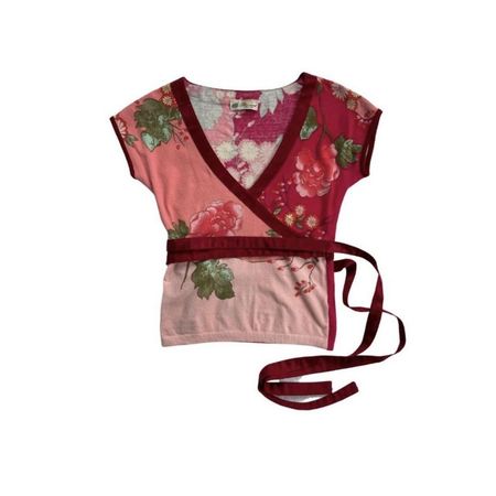 Vintage pink/red floral Blumarine wrap top. Short... - Depop