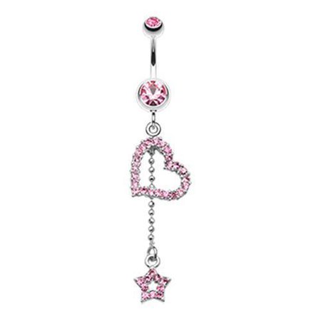 Light Pink Curved Heart Star Sparkle Belly Button Ring - * Rebel Bod *