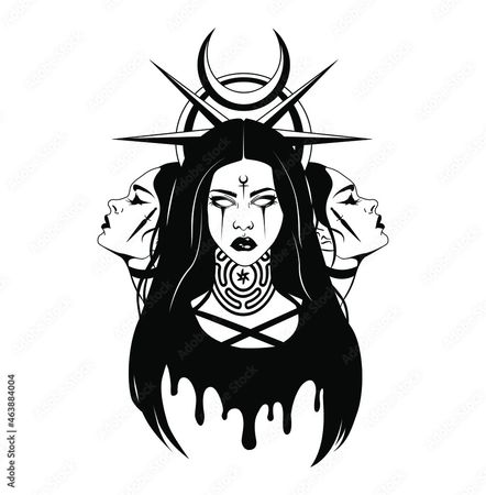Triple lunar Goddess Hecate ancient Greek mythology hand drawn black and white isolated vector illustration. Tattoo or print design. Vector illustration. Stock Vector | Adobe Stock