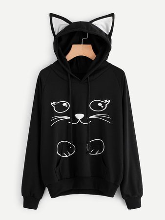 Plus Cat Print Drawstring Sweatshirt