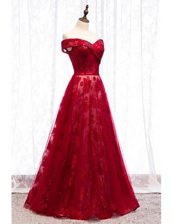 off shoulder burgundy long formal dress with sequins tulle #MYX79030 - GemGrace.com